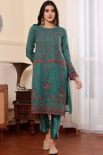 Rama green georgette embroidered semi-stitched pakistani suit