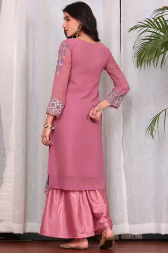 Pink georgette embroidered semi-stitched pakistani suit