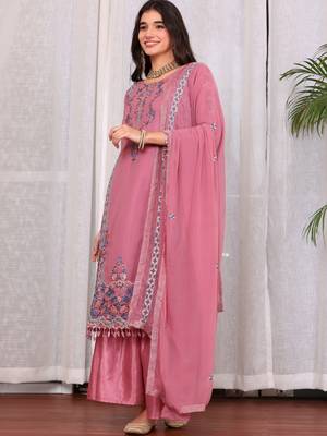 Pink georgette embroidered semi-stitched pakistani suit 3