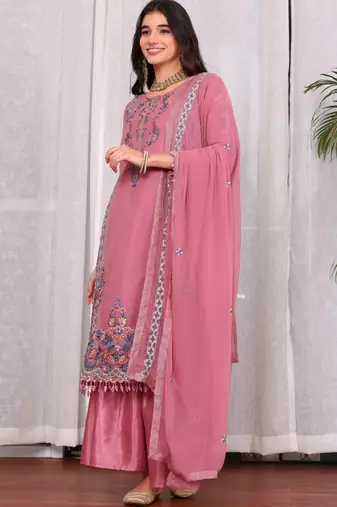 Pink georgette embroidered semi-stitched pakistani suit