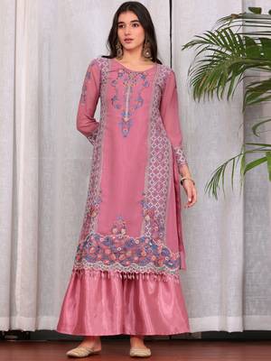 Pink georgette embroidered semi-stitched pakistani suit 4