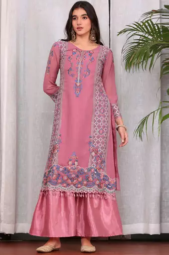 Pink georgette embroidered semi-stitched pakistani suit