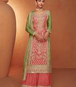 Dark salmon colour embroidered chinon silk cocktail dresses