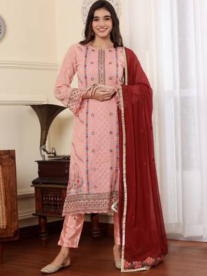 Pink georgette embroidered semi-stitched pakistani suit 1