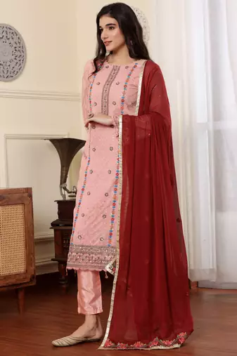 Pink georgette embroidered semi-stitched pakistani suit