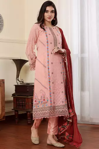 Pink georgette embroidered semi-stitched pakistani suit