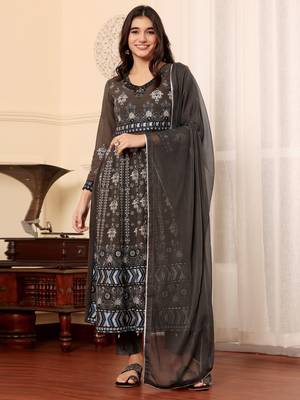 Brown georgette embroidered semi-stitched pakistani suit 1