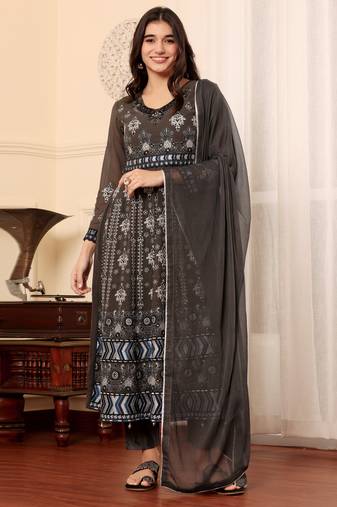 Brown georgette embroidered semi-stitched pakistani suit