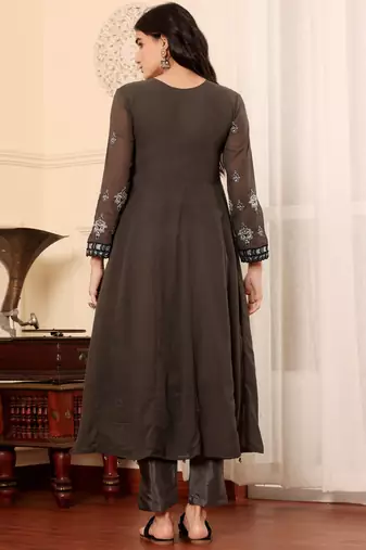 Brown georgette embroidered semi-stitched pakistani suit