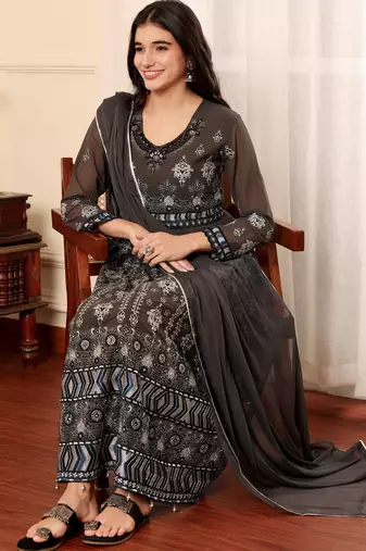 Brown georgette embroidered semi-stitched pakistani suit