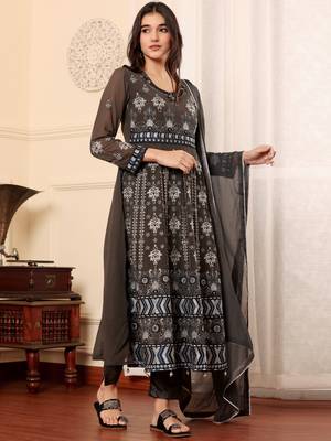 Brown georgette embroidered semi-stitched pakistani suit 4