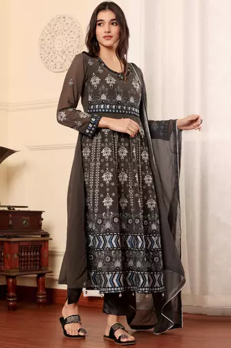 Brown georgette embroidered semi-stitched pakistani suit