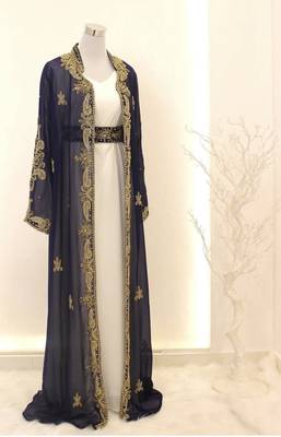Navy-Blue & White Handcrafted Zari work Stitched Dress Georgette Kaftan Party Wear Wedding Dresses 1