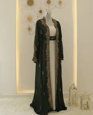 Off-White and Green Georgette Zari Work Kaftan for Parties 1
