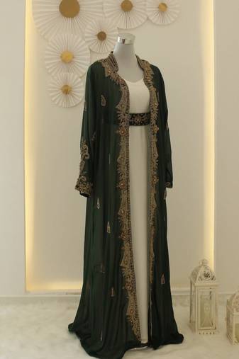 Off-White and Green Georgette Zari Work Kaftan for Parties