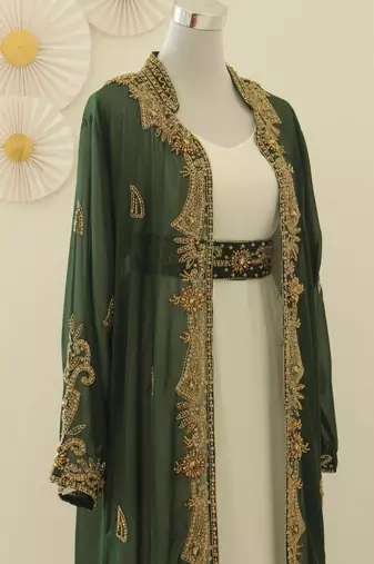 Off-White and Green Georgette Zari Work Kaftan for Parties