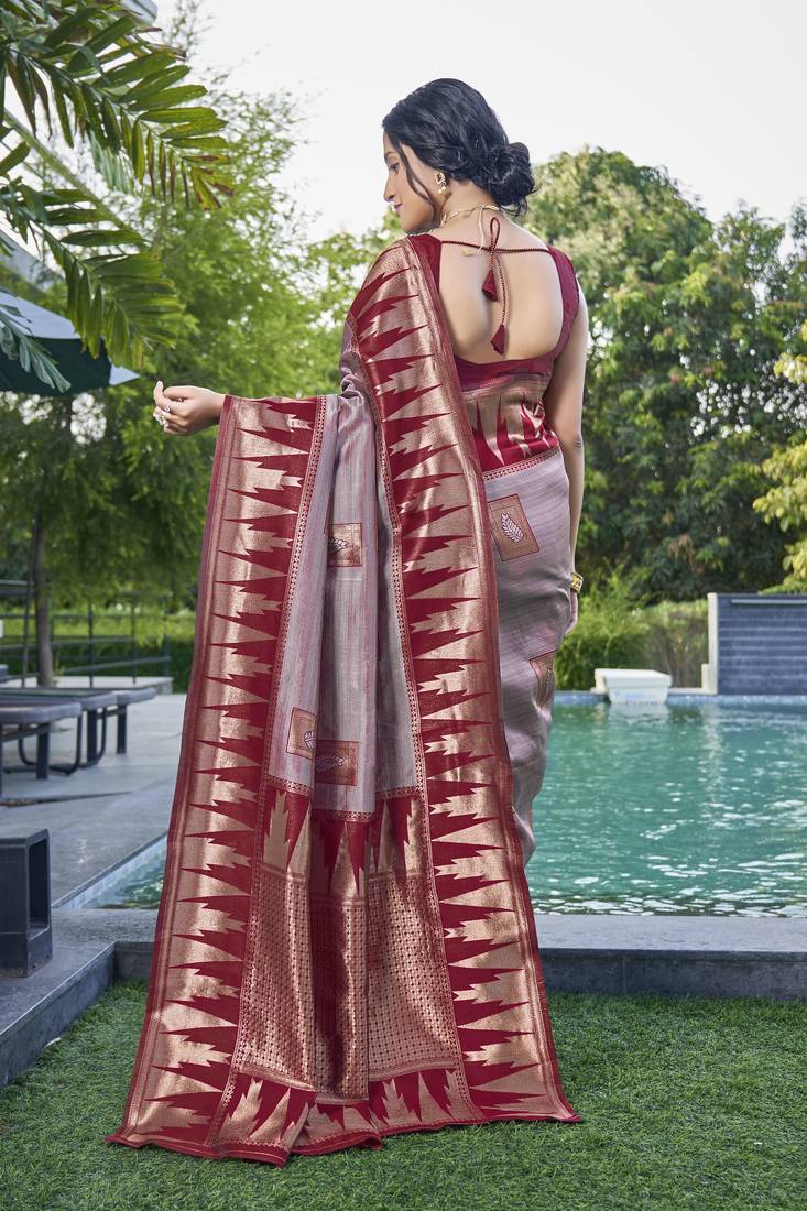 Maroon Banarasi silk blend Woven Design Saree With Blouse Piece