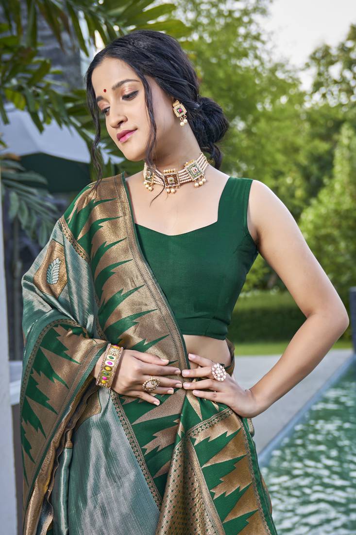 Green Banarasi silk blend Woven Design Saree With Blouse Piece