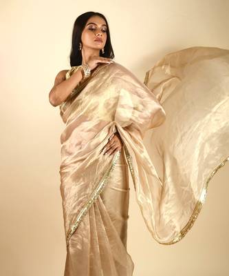 Handwoven Gold Tissue Saree With Fringea Border Without Blouse 2
