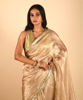 Handwoven Gold Tissue Saree With Fringea Border Without Blouse 3