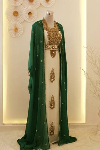 Green & White Handcrafted Zari work Stitched Dress Georgette Kaftan Party Wear Wedding Dresses