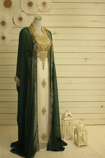 Green & White Handcrafted Zari work Stitched Dress Georgette Kaftan Party Wear Wedding Dresses