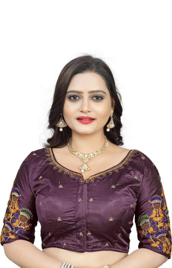 Wine Heavy Malay Satin Silk Full Embroidery Work  Readymade Blouse