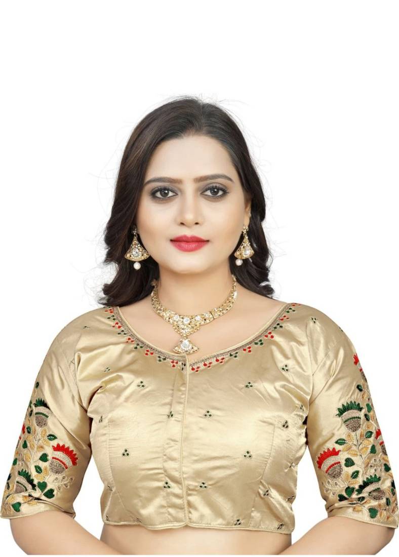 Golden Heavy Malay Satin Silk Full Embroidery Work  Readymade Blouse
