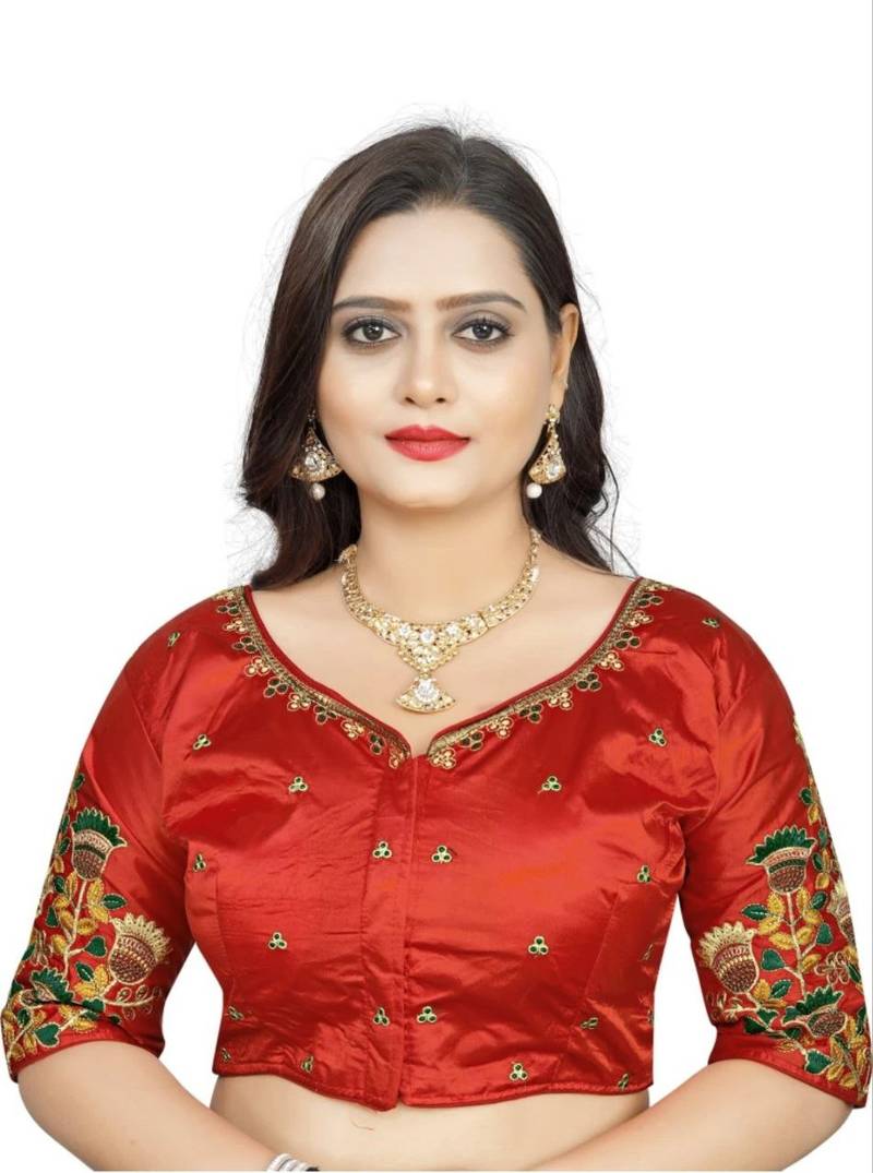 Red Heavy Malay Satin Silk Full Embroidery Work  Readymade Blouse