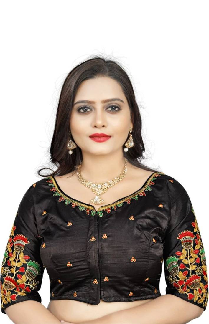 Black Heavy Malay Satin Silk Full Embroidery Work  Readymade Blouse