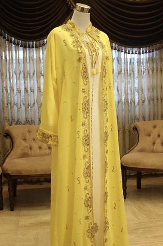 Yellow & White Handcrafted Zari work Stitched Dress Georgette Kaftan Party Wear Wedding Dresses	