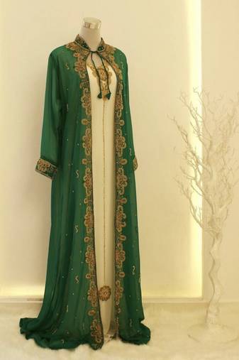 Green & White Handcrafted Zari work Stitched Dress Georgette Kaftan Party Wear Wedding Dresses