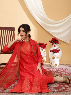Women red color self design kurta pant with dupatta set 1
