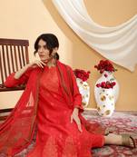 Women red color self design kurta pant with dupatta set