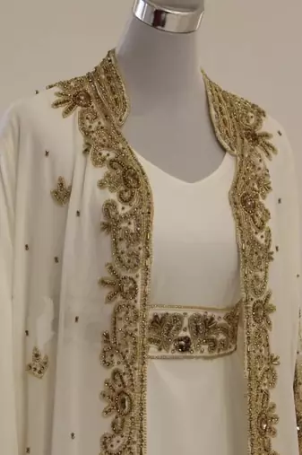Grand White Georgette Kaftan Dress with Zari Work | Luxury Party & Wedding Wear