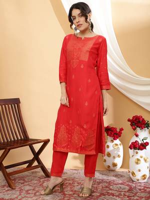 Women red color self design kurta pant with dupatta set 2