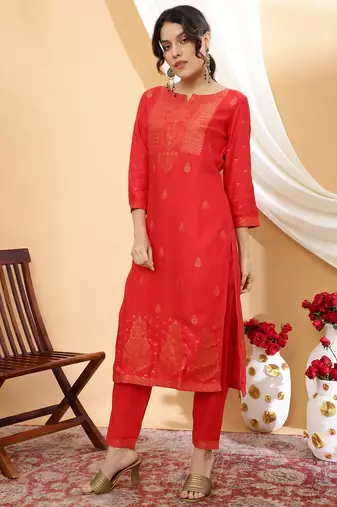 Women red color self design kurta pant with dupatta set