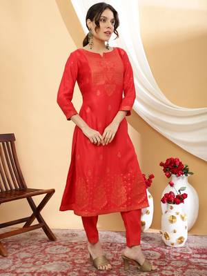 Women red color self design kurta pant with dupatta set 3