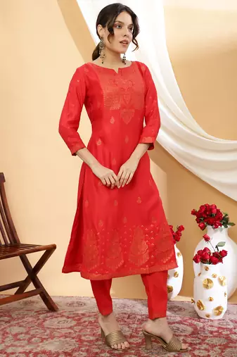 Women red color self design kurta pant with dupatta set