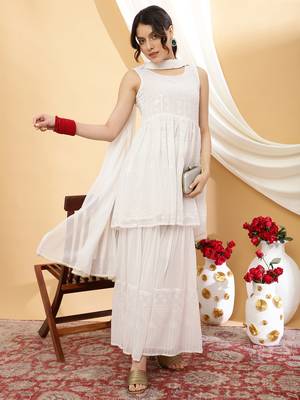 Women white color embroidery kurta sharara with dupatta set 1