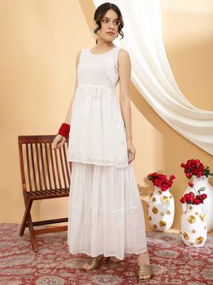 Women white color embroidery kurta sharara with dupatta set 2
