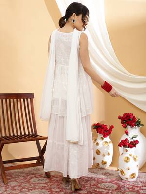 Women white color embroidery kurta sharara with dupatta set 3