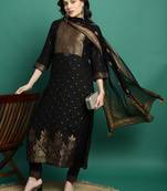 Women black color self design kurta pant with dupatta set