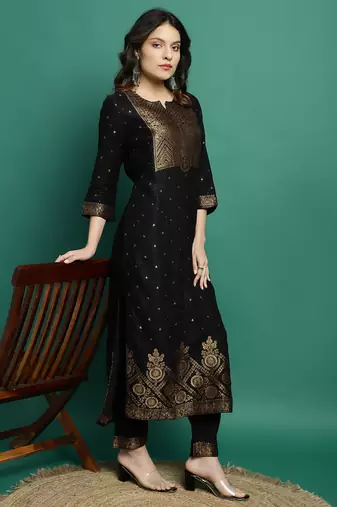 Women black color self design kurta pant with dupatta set