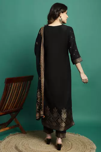 Women black color self design kurta pant with dupatta set