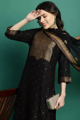 Women black color self design kurta pant with dupatta set