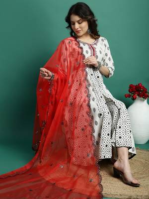 Women white color embroidery a-line kurta palazzo with dupatta set 1
