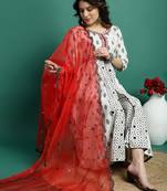 Women white color embroidery a-line kurta palazzo with dupatta set