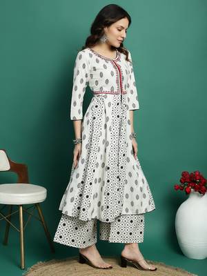 Women white color embroidery a-line kurta palazzo with dupatta set 2