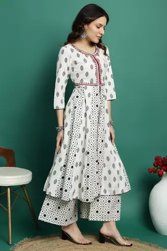 Women white color embroidery a-line kurta palazzo with dupatta set